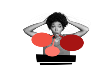 Composite photo collage of shocked american girl hold curly hair bubble speech communication monologue isolated on painted background