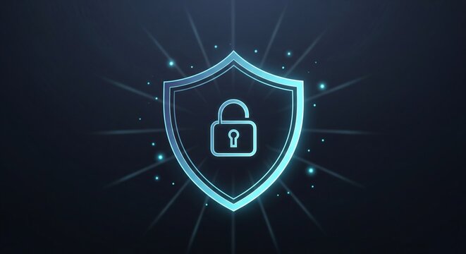 Digital security shield with glowing padlock icon on dark background, representing data protection and cyber safety.