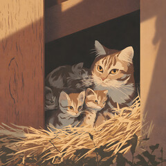 A mother cat shelters with her kittens in a wooden enclosure filled with straw. The scene appears to be at sunset due to the angle of the light