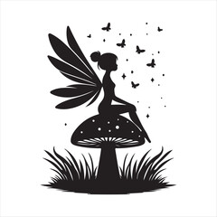 Fairy sitting on mushroom with fireflies vector silhouette clip art logo design concept illustration