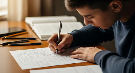 Teenager intensely focused on completing complex homework with a pen sitting at desk covered with books and school supplies