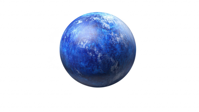 A blue planet with textured surface resting on a clean white background. symbolizing celestial beauty and exploration. ideal for educational and artistic uses