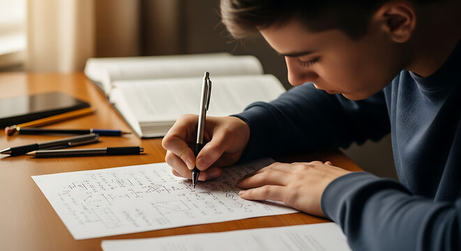 Teenager intensely focused on completing complex homework with a pen sitting at desk covered with books and school supplies
