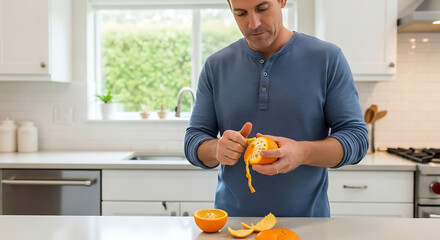 A man in a blue shirt carefully peels an orange in a bright modern kitchen Fresh fruit and healthy eating concept