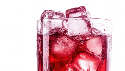 A close-up view of a refreshing beverage filled with ice cubes. red color. ideal for summer promotions or beverage advertisements. against a clean white background