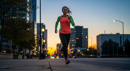 Woman jogging through urban streets at dawn Early morning exercise routine with a backdrop of city buildings and a colorful sunrise sky