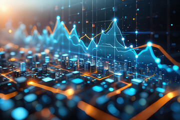 Abstract futuristic digital cityscape with glowing data streams and financial charts