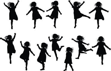 Little girl silhouettes, children jumping, playing, dancing, vector illustration, happy kids, child silhouette art, fun poses, childhood joy, movement design