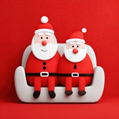 Cozy Santa figures sitting together on a bright red couch during holiday season