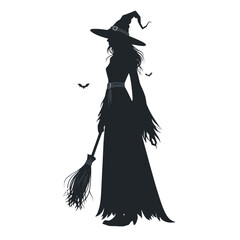 Witch holding a staff and bag, surrounded by bats during a spooky Halloween night