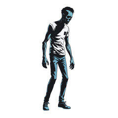 Stylized Zombie character illustration of a tall figure with glowing eyes and a dual-colored shirt in a dark setting