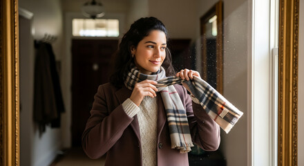 Woman adjusting a patterned scarf in a sunlit hallway preparing for the autumn weather with style and elegance Looking in the mirror