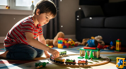 A young child plays with a train set lost in imagination and creativity in his home Sunlight streams through the window