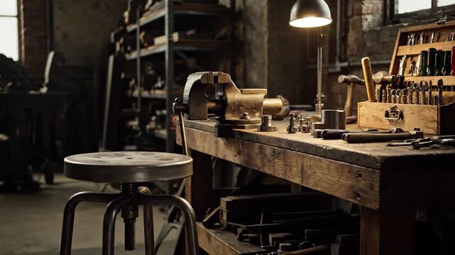 Unoccupied workshop with a traditional wooden workbench. An old metal vice, a collection of hand tools, and a retro lamp add to the industrial atmosphere