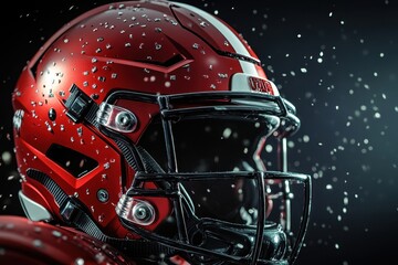 Red football helmet displays intricate details and sparkling elements in a dramatic lighting setup