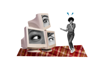 Composite photo collage of astonished american girl point pc monitor eyeball cyberattack hacked broke isolated on painted background