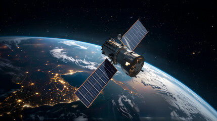 Sleek High-Tech Artificial Satellite Orbiting Earth Amid Twinkling Stars