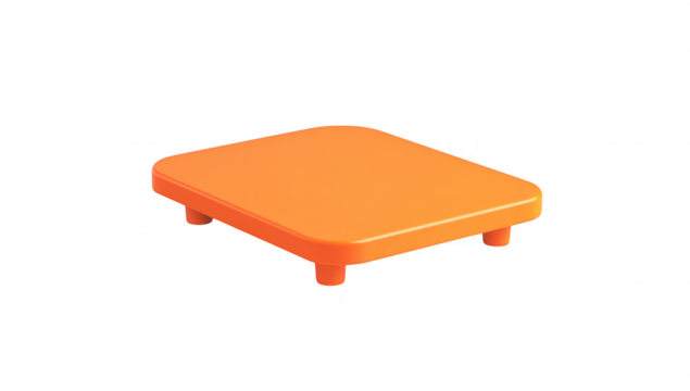 A orange square platform with rounded edges and small legs. set against a clean white background. ideal for products or as a minimalist design element in creative projects