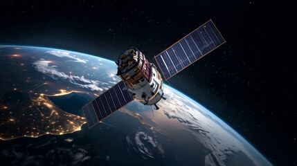 Sleek High-Tech Artificial Satellite Orbiting Earth Amid Twinkling Stars