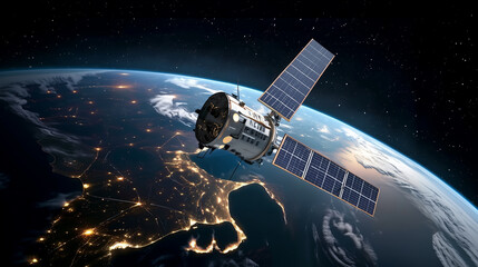 Sleek High-Tech Artificial Satellite Orbiting Earth Amid Twinkling Stars