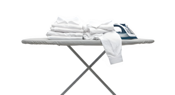 Ironing board with clothes isolated on PNG background.