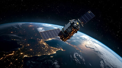 Sleek High-Tech Artificial Satellite Orbiting Earth Amid Twinkling Stars