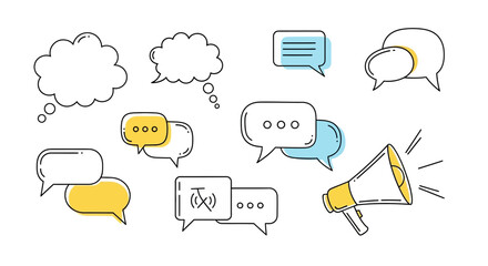 Illustration of diverse speech bubbles and a megaphone for communication concepts like announcements