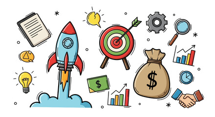 Startup business elements vector illustration, rocket launch and business development icons,