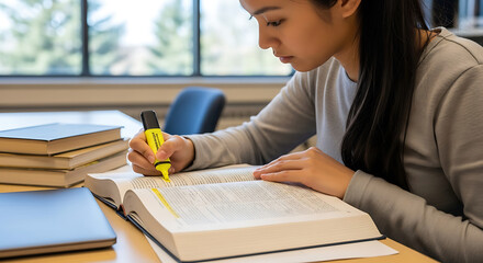 Focused student highlights text in a large book at a table with others nearby showcasing her dedication to academics and intellectual growth