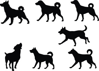 Set of dog silhouette vector illustrations showing various breeds in different walking, standing and running poses for pet animal design.