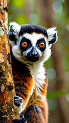 Close-up of a lemur clinging to a tree trunk