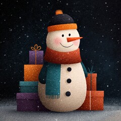 Snowman with colorful presents in a winter setting creating a joyful holiday atmosphere