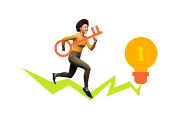 Composite photo collage of happy american girl run key lock bubble access idea development strategy...