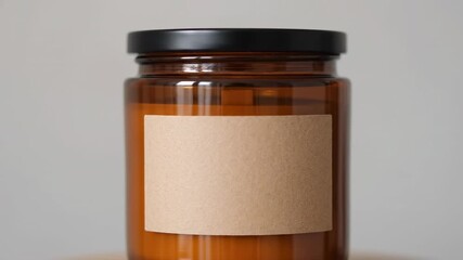 Amber Glass Candle Jar with Kraft Label - A close-up shot features a round amber glass candle jar with a black lid. A simple, square kraft paper label is affixed to the front of the jar.