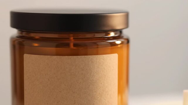 Amber Glass Candle Jar with Kraft Label - Close-up shot of a round, amber-tinted glass candle jar featuring a simple kraft paper label.
