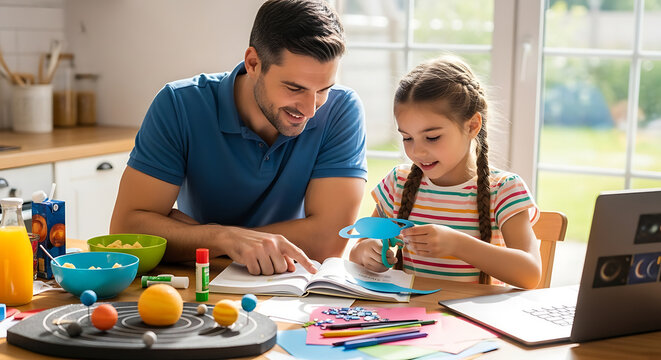 Father and daughter working on a solar system project together cutting out planets for homeschooling activity Education and family bondings