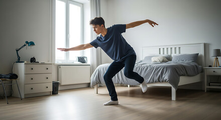 Teenager striking a dynamic pose in a modern bedroom expressing creativity and playfulness with outstretched arms and one foot raised