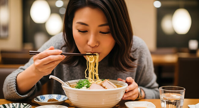 Woman enjoys a steaming bowl of savory ramen using chopsticks to lift the noodles set in a warm restaurant setting