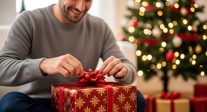 Man unwrapping a christmas gift in front of christmas tree