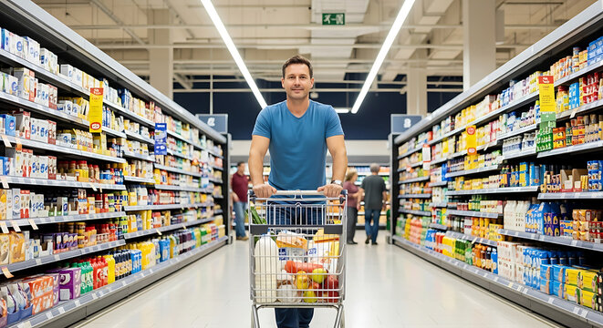 Man pushing a shopping cart in a supermarket He is looking at the camera while walking down the aisle with shelves full of groceries - Powered by Adobe