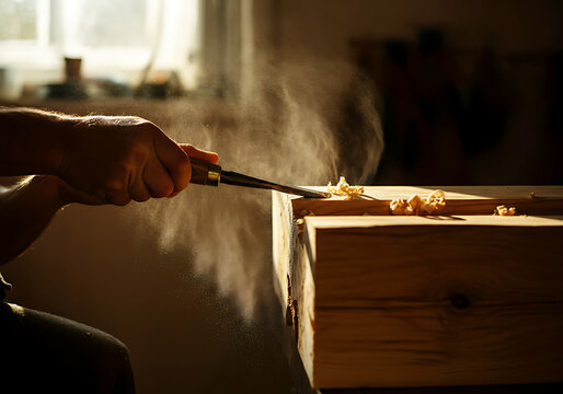 Craftsman working with chisel in carpentry workshop creating fine wood details under warm golden light showcasing woodworking skill and artistry