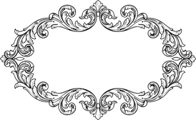 Vintage ornate frame illustration, baroque border design, decorative floral scrollwork, antique engraving ornament, elegant invitation template, classic vector artwork