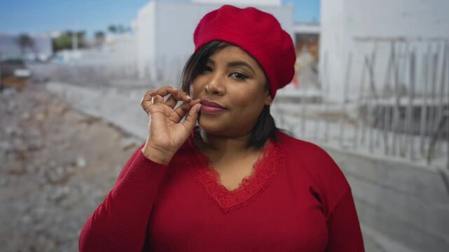 Woman in red beret at construction site making gesture of closing mouth while standing outdoors implying silence or secrecy.