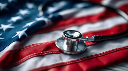 Stethoscope on american flag representing healthcare in the united states