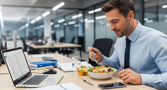 Professional eating healthy salad while working on a laptop in the office Balancing health and productivity during lunch