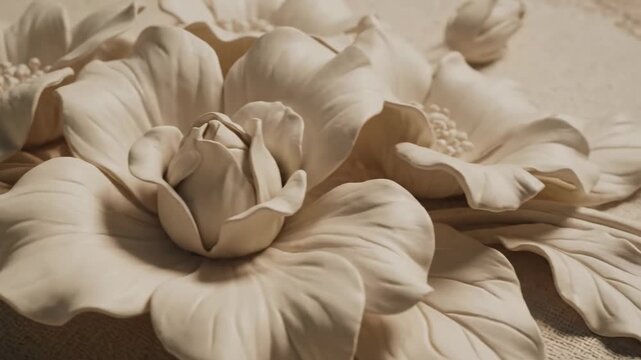 Elegant Floral Relief Artwork - A close-up shot showcases an elegant 3D relief artwork featuring intricately designed flowers.