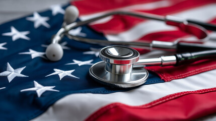 Stethoscope on american flag representing healthcare in the united states