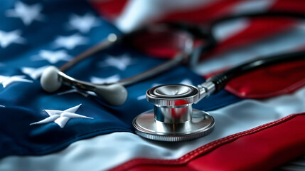 Stethoscope on american flag representing healthcare in the united states