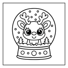 Kawaii Christmas coloring page with cute Santa and reindeer, Hand-drawn kawaii Christmas scene black and white coloring page, Adorable kawaii Christmas tree and gifts coloring sheet