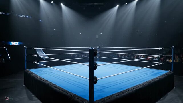 Empty Wrestling Ring Ready For Action - An empty wrestling ring with a blue canvas is lit by bright spotlights, evoking anticipation.